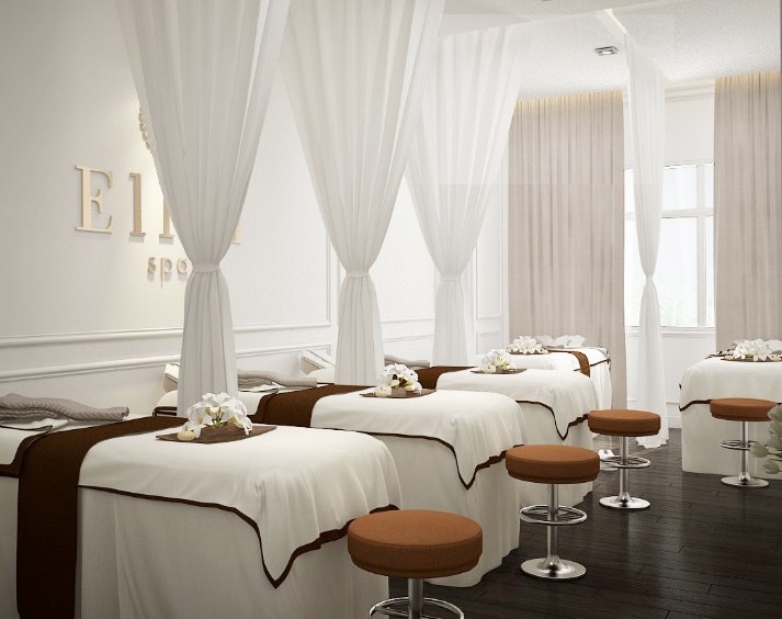 Mẫu rèm ngăn giường spa màu be nhẹ nhàng, tạo cảm giác thư giãn