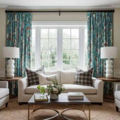 Rèm cửa đẹp sang trọng màu kem phối nội thất gỗ