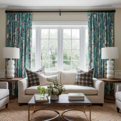 Rèm cửa đẹp sang trọng màu kem phối nội thất gỗ