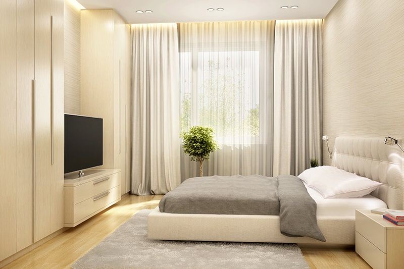 Không gian phòng ngủ hiện đại với rèm cửa thông minh tự động
