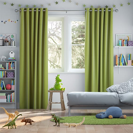 mẫu rèm cửa màu xanh rêu phối nội thất gỗ tự nhiên