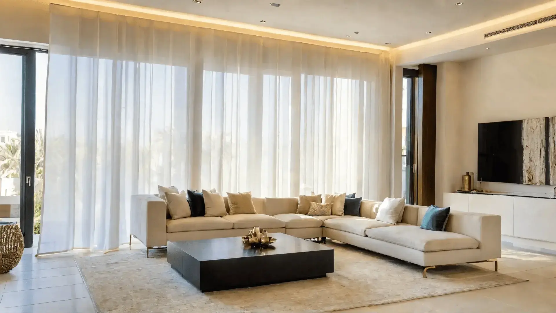 Mẫu rèm cửa phòng khách hiện đại phối hợp với nội thất gỗ