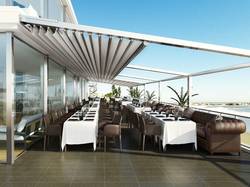 Thi công mái xếp pergola tại nhà hàng ngoài trời