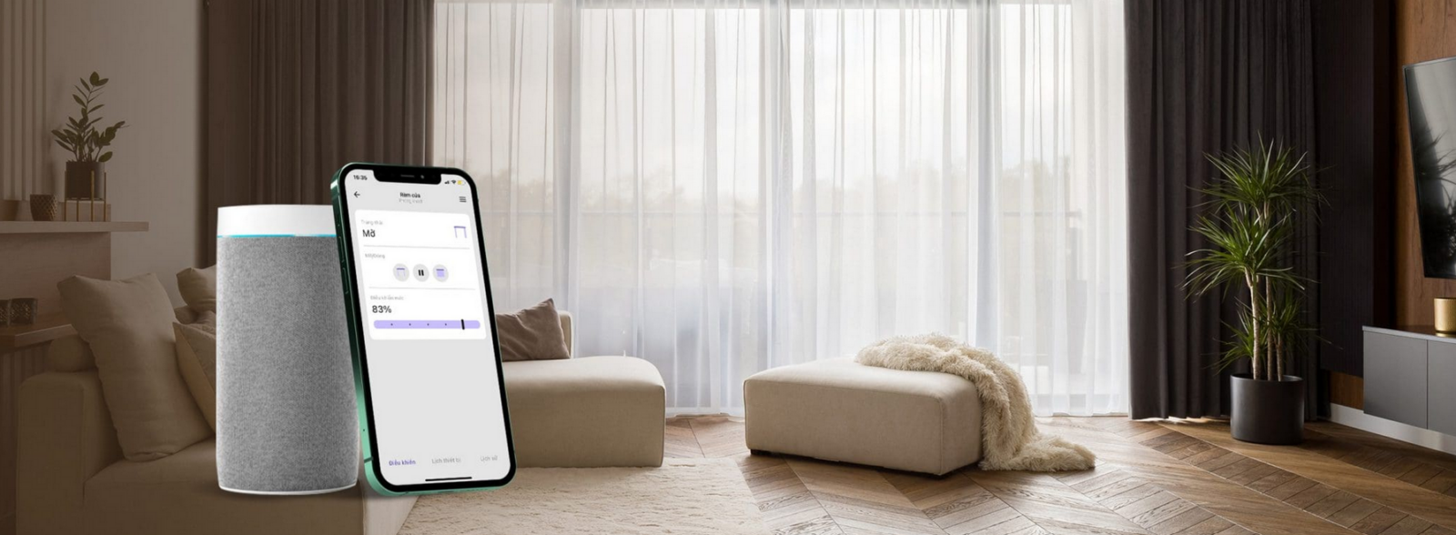 Hình ảnh rèm tự động thông minh tích hợp Smart Home trong căn hộ cao cấp