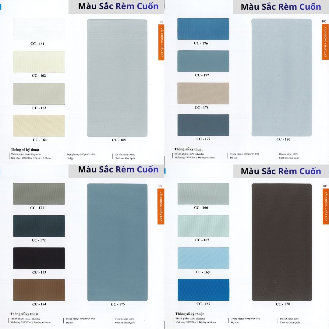 bảng màu catalogue rèm cuốn chống nắng