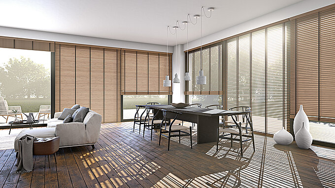 mẫu rèm gỗ phối với cửa nhôm đen sang trọng