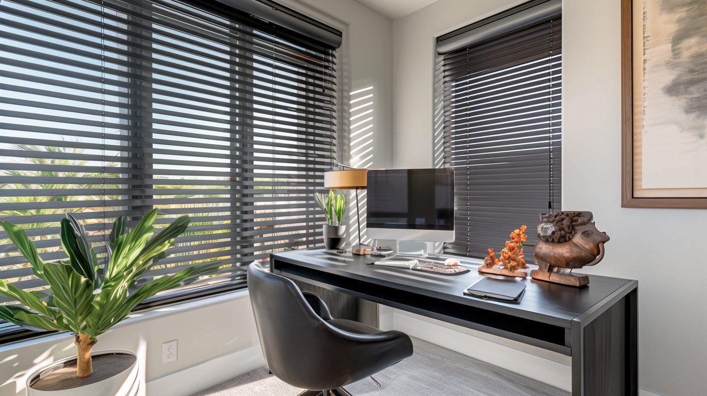 Hình thợ lắp đặt rèm sáo nhôm tận nơi cho văn phòng