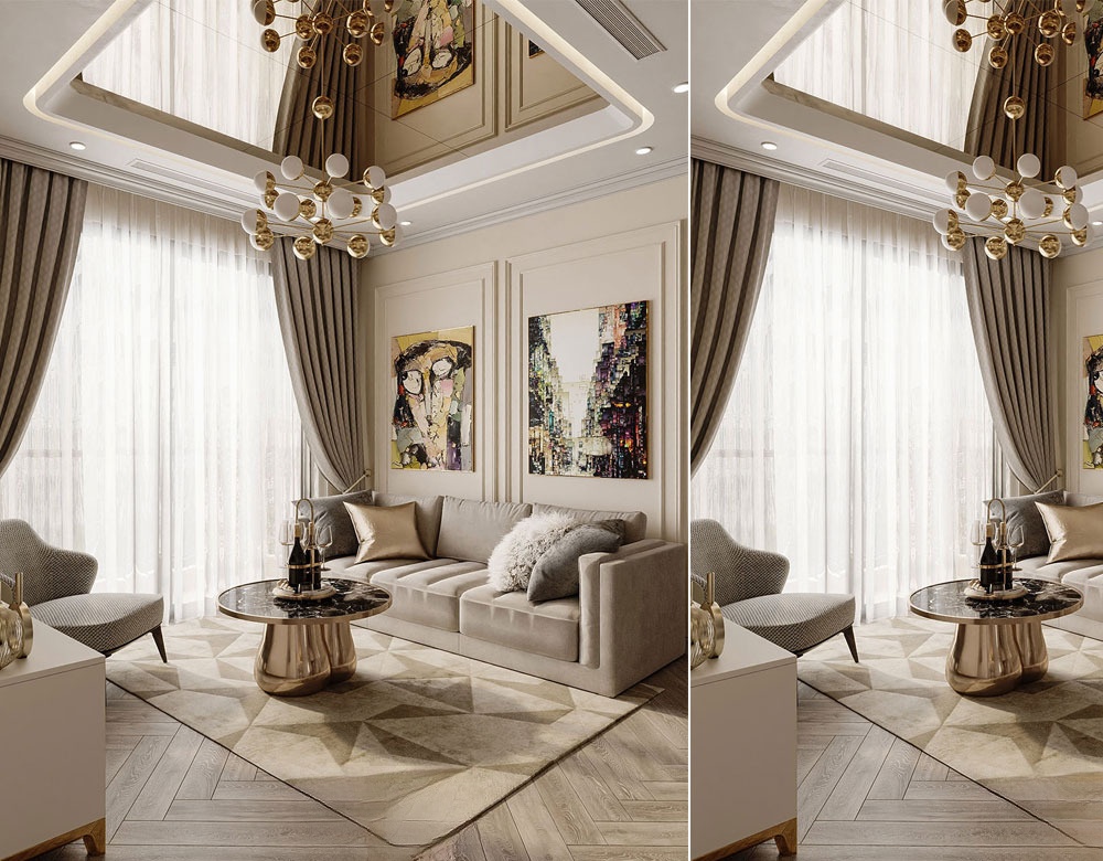rèm cửa phối màu tinh tế cho không gian phòng khách cao cấp