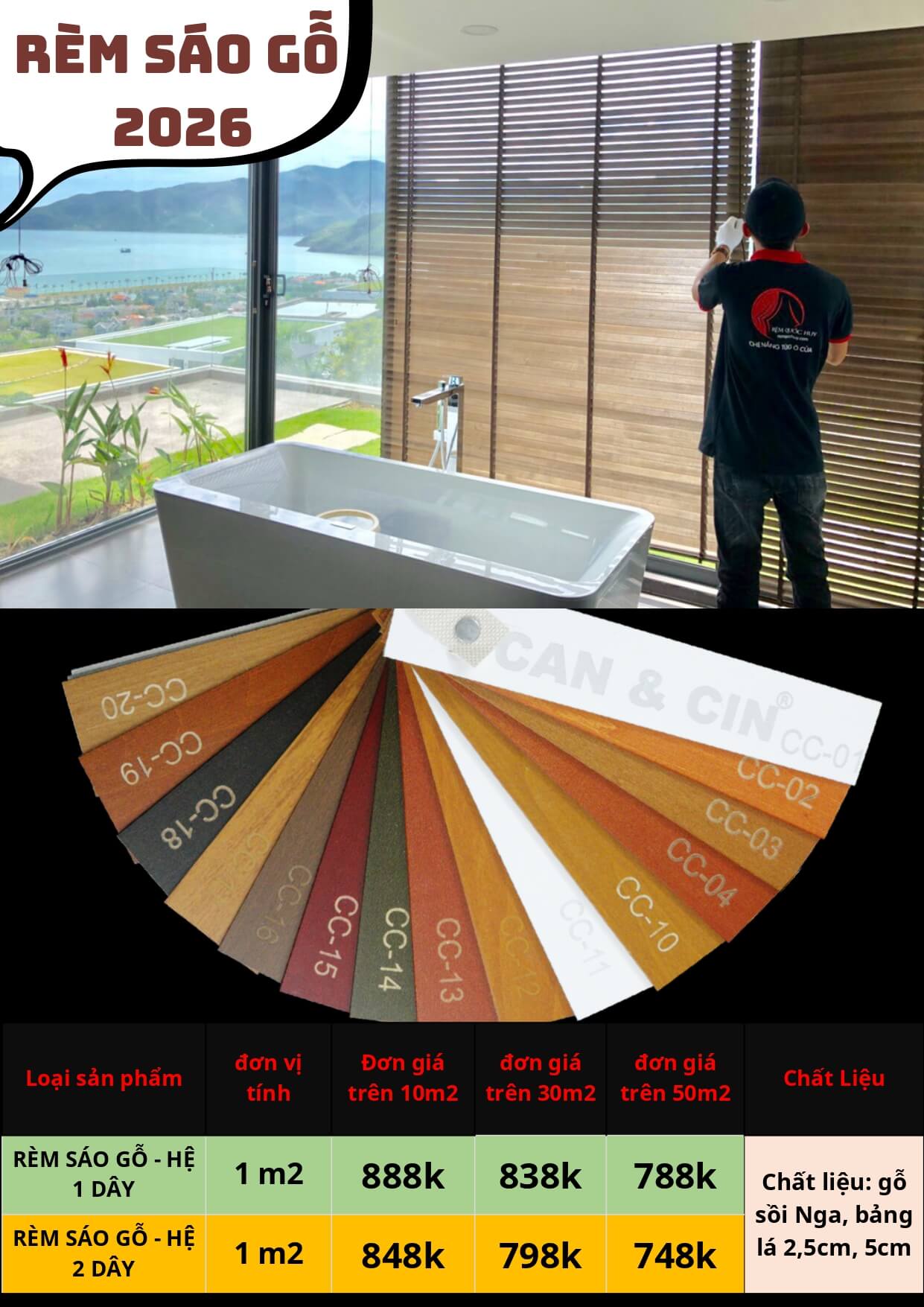 Giá rèm sáo gỗ cao cấp lắp đặt tại Rèm Quốc Huy