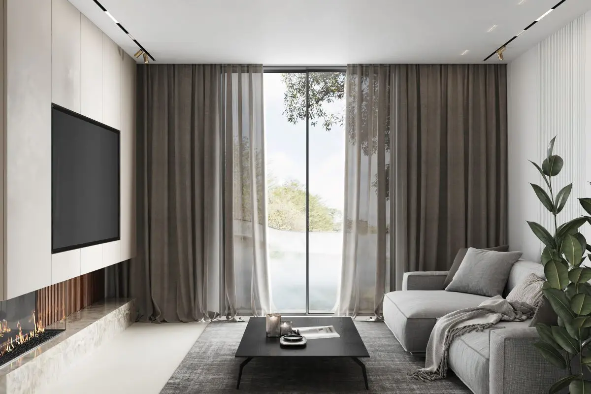 Rèm phòng khách phối đèn trang trí tạo không gian sang trọng hiện đại