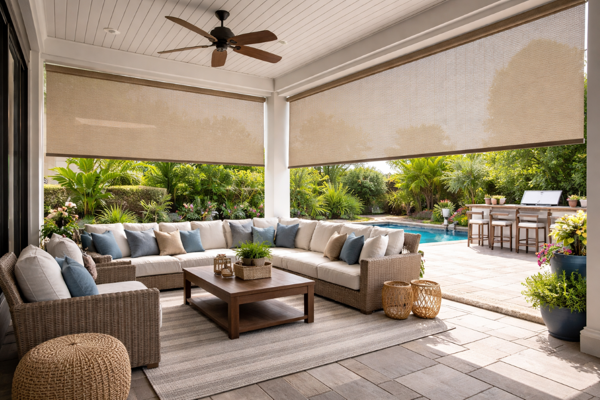 rèm cuốn che nắng ngoài trời giảm ánh sáng cửa kính
