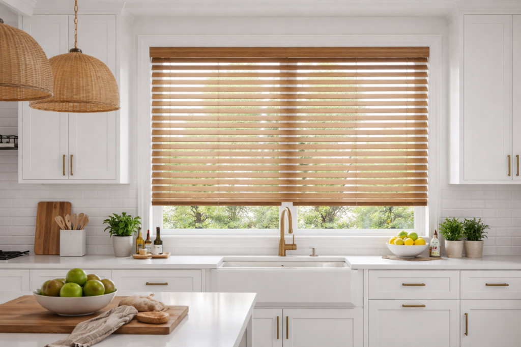 Mẫu rèm sáo gỗ lắp trên cửa sổ kính sang trọng