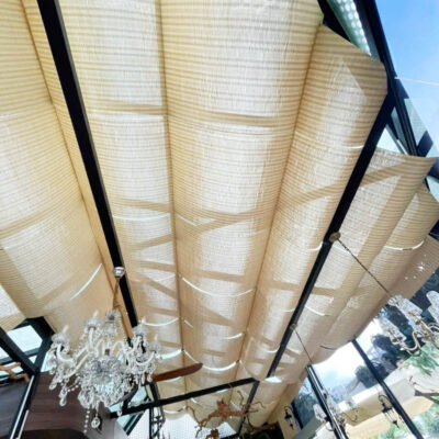 Rèm tre treo trần decor nhà kính