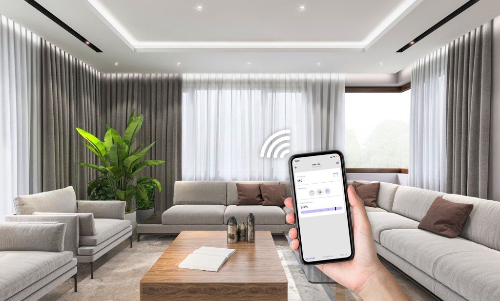 Hệ thống rèm tự động điều khiển từ xa trong phòng khách hiện đại